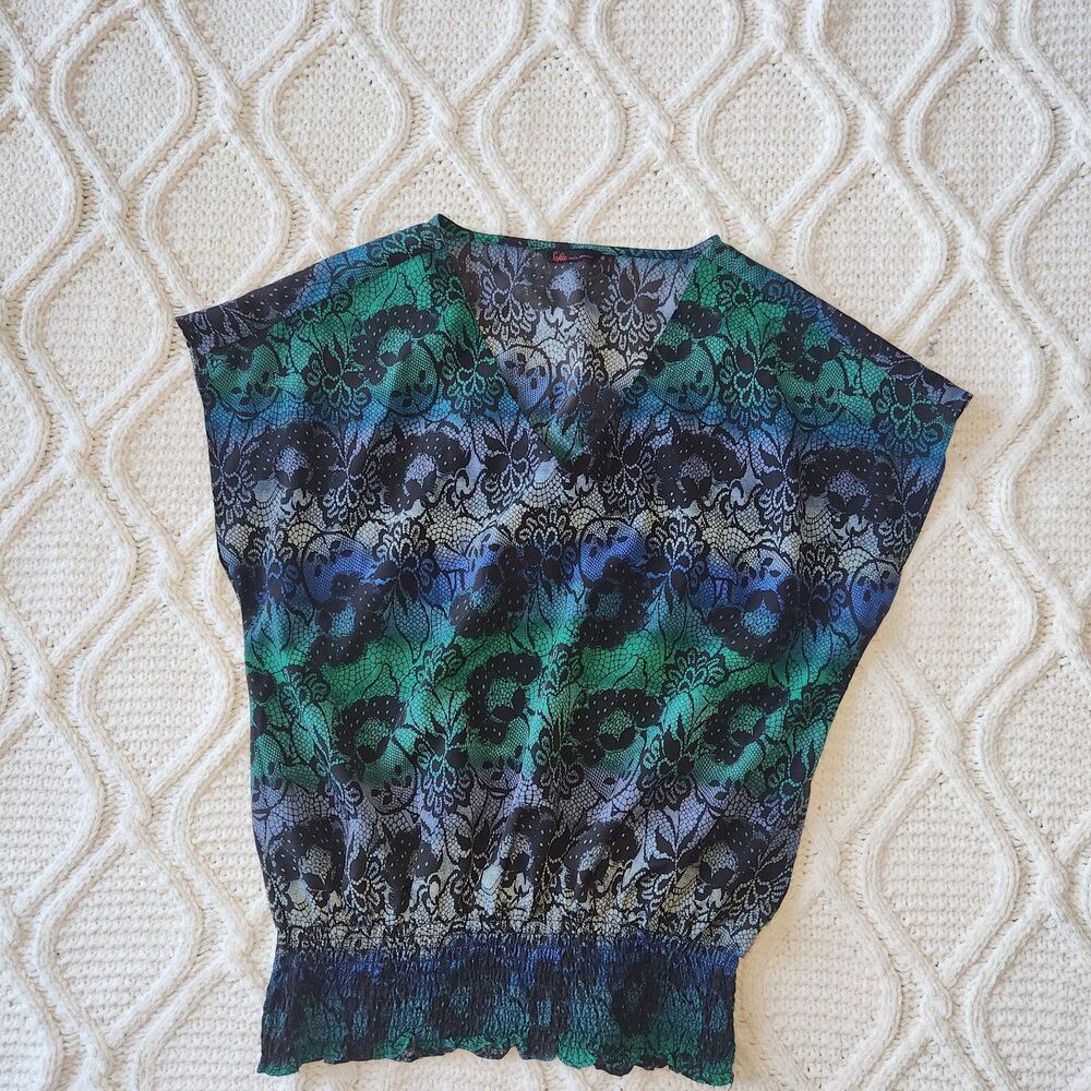 Y2K Sofia Vergara Floral Green Blue Relaxed Kimono fit Blouse Size S